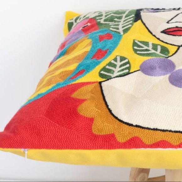 Frida Kahlo Embroidered Yellow Bohemian Pillow Cover 18x18 - Picture 5 of 6